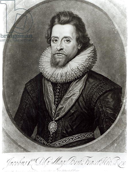 Portrait of James I after a miniature by Nicholas Hilliard of 1617, engraved by George Vertue