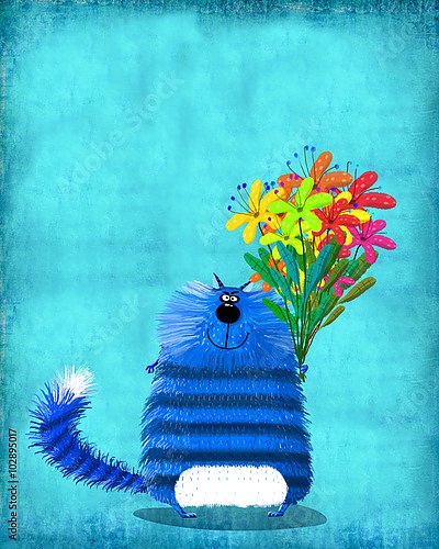 Большой синий полосатый кот с цветами