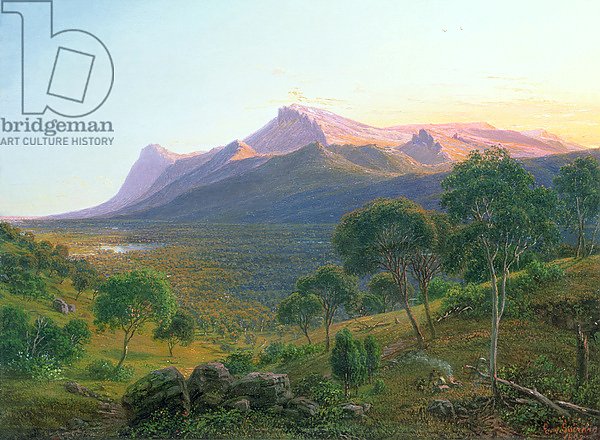 Aborigines by a Fire before Mount William as seen from Mount Dryden in the Grampians, Victoria, 1892