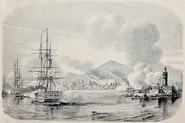 Palermo bombardment in 1860 by Bourbon's fleet and from the Sea castle. Original, from a drawing of 