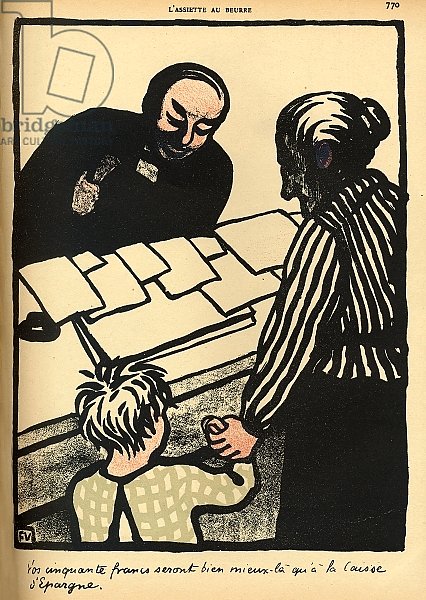 A woman and child hand over their savings to the priest, 1902