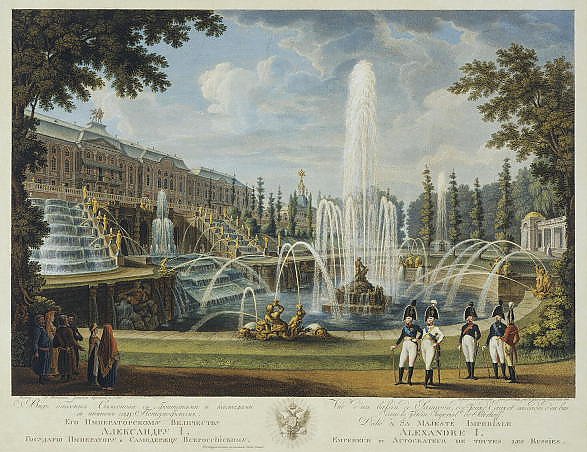 Вид Большого Каскада фонтана Самсона и Большого дворца в Петергофе