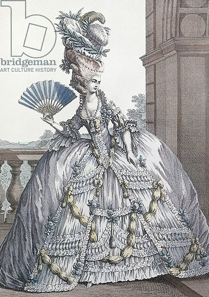 Woman wearing a stylish dress with her hair 'A la Victoire', engraved by Voysand, 1778