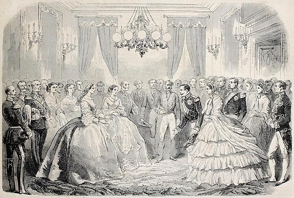 French emperor  meeting Russian empress dowager in Lyon, France. From drawing of Janet-Lange, publis