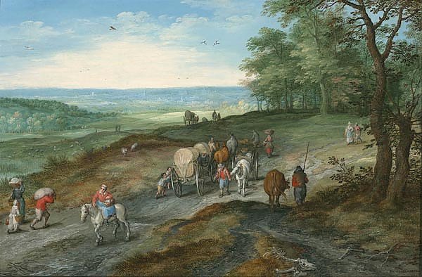 Панорамный пейзаж с крытой телегой и путниками