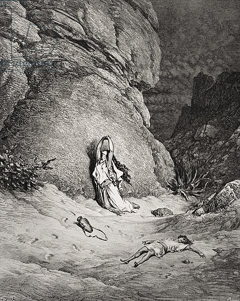 Hagar and Ishmael in the Desert, illustration from Dore's 'The Holy Bible', engraved by Piaud, 1866
