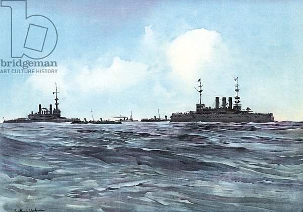 The Indiana and New York Flanked and Guarded by Torpedo-Boats and Cruisers