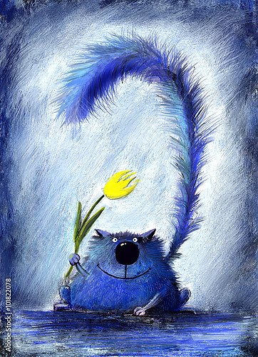 Синий кот с желтым тюльпаном