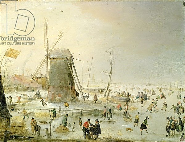 A winter scene with skaters by a windmill