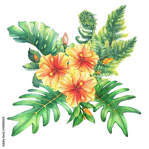 Букет с желто-оранжевыми цветами гибискуса и тропическими листьями