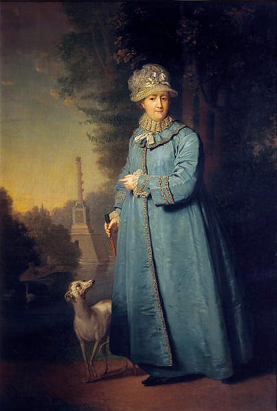 Екатерина II на прогулке в Царскосельском парке (с Чесменской колонной на фоне)