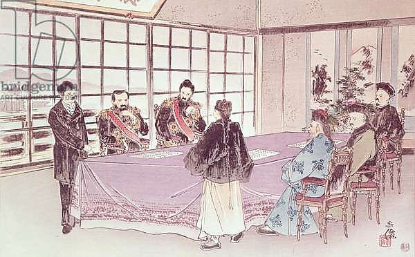 The Japanese ministers I-Tso and Mou-Tsou discuss with the Chinese envoy Ri-Ko-Sho the conditions of the Shimonoseki truce, 16th April 1895