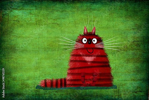 Красный улыбающийся кот на зеленом фоне