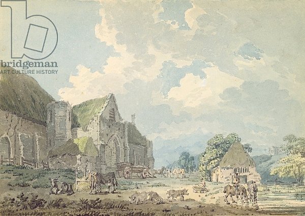 The Tithe Barn at Abbotsbury with the Abbey on the hill..., c.1795