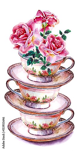 Чашки чая и блюдца с цветами розы