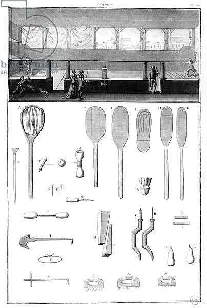 Tennis court, rackets and necessary equipment for the sport, 1751