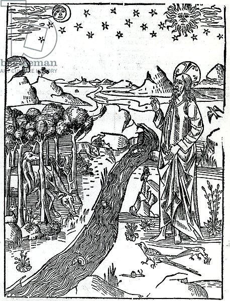 Creation, first page of Genesis, from the Lugduni Bible, 1538