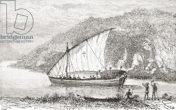 A dhow on the Congo River in the 19th century, from 'Africa Pintoresca', published 1888