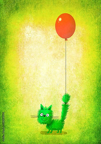 Зеленый улыбающийся котенок с воздушным шаром на хвосте