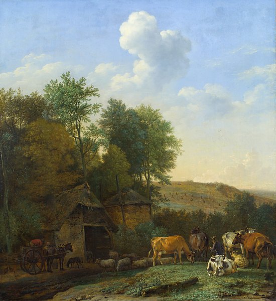 Пейзаж с коровами, овцами и лошадьми у амбара