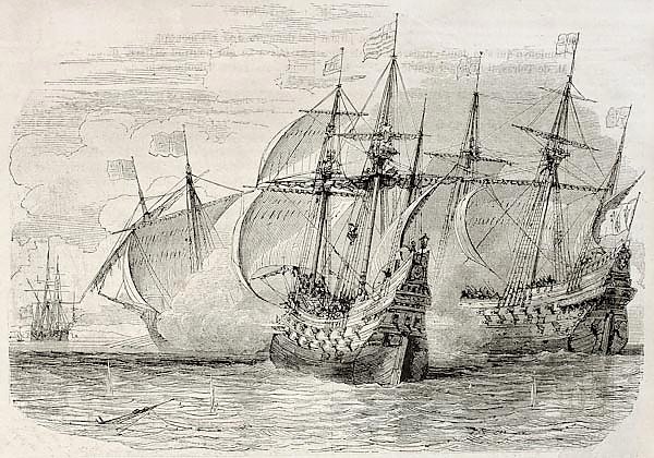 Sea battle between French and British ships during the siege of La Rochelle. Created by Rouargue, pu