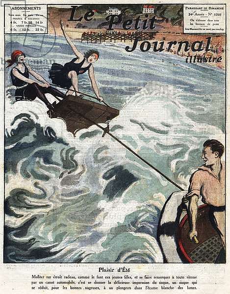Young women practicing a variant of water skiing, on rafts. Illustration from “” Le petit journal”” from 09/09/1923 Collection privee