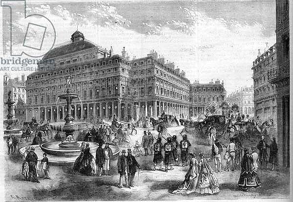 The new place of the French theatre with the fountains projected at the Palais Royal in Paris. Engraving in “” L'univers Illustrée””, 1867. Private collection.