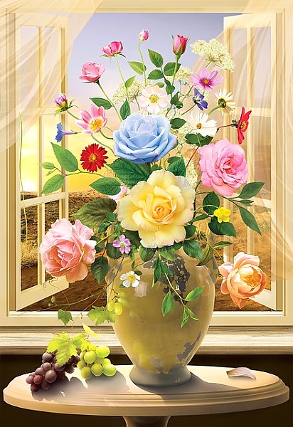 Ваза с разноцветными розами у окна