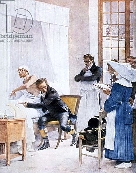 Рене Лаэннек - изобретатель стетоскопа слушает грудь больного, 1816 год.