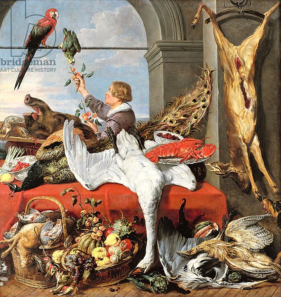 Interior of an office, or still life with game, poultry and fruit, c.1635