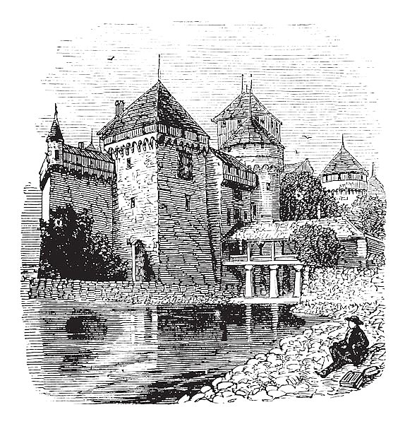 Chillon Castle or Chateau de Chillon in Veytaux, Switzerland, during the 1890s, vintage engraving