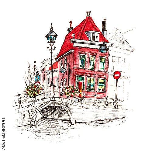 Красный дом у моста, Голландия, Нидерланды, набросок