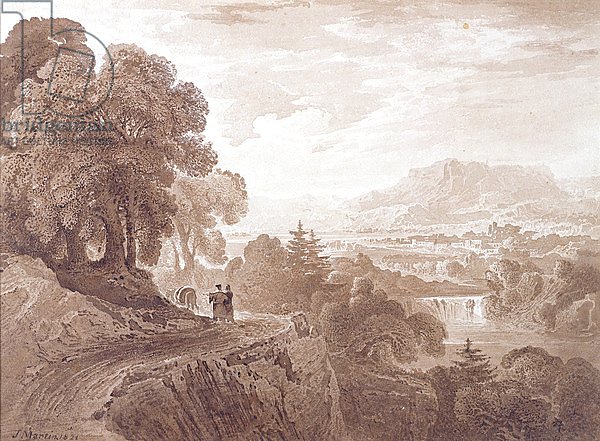 Travellers on a road above a river, 1821