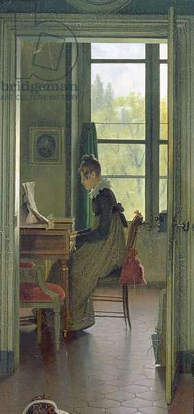 Interior of a Dining Room, detail of a woman playing the piano in the next room, 1816