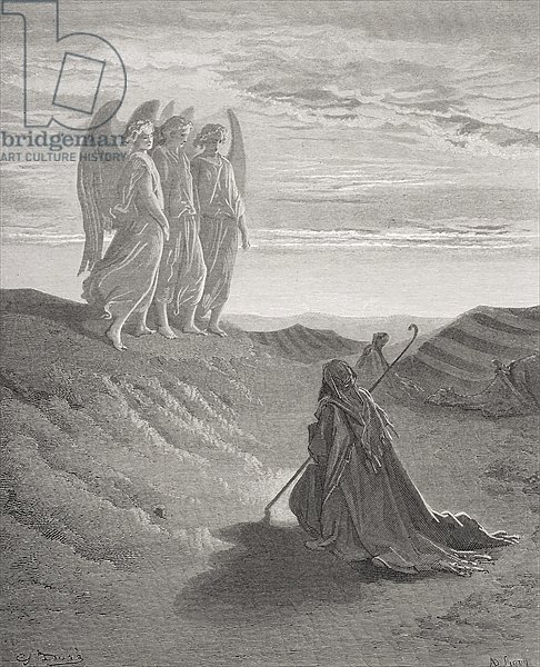 Abraham and the Three Angels, illustration from Dore's 'The Holy Bible', engraved by Ligny, 1866