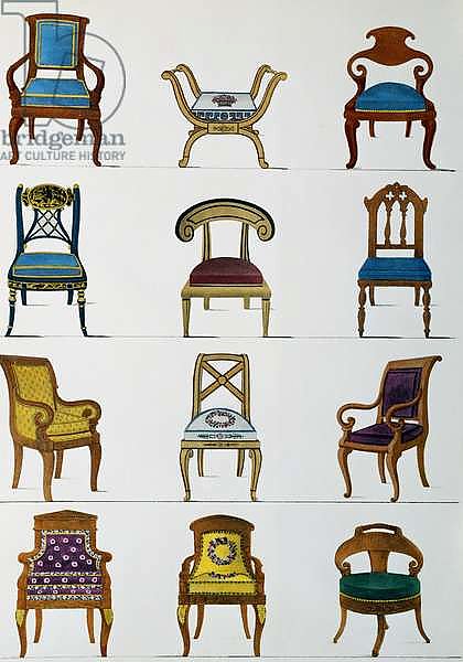 Armchairs, chairs and footstools, Illustration from Collection de meubles et objects de gout, 1872, By Pierre-Antoine Leboux de La Mesangere, France