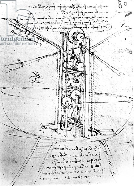 Vertically standing bird's-winged flying machine, fol. 80r from Paris Manuscript B, 1488-90