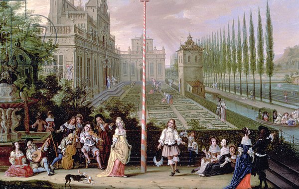 Detail of elegant figures playing musical instruments around a maypole
