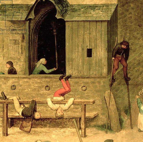 Children's Games: detail of a boy on stilts and children playing in the stocks, 1560
