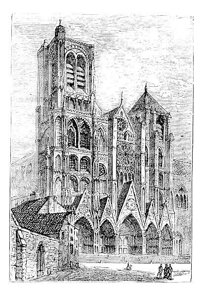 Bourges Cathedral, in Bourges, France vintage engraving