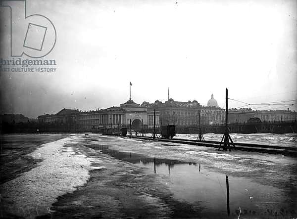 Electric tramlines laid on the frozen Neva River