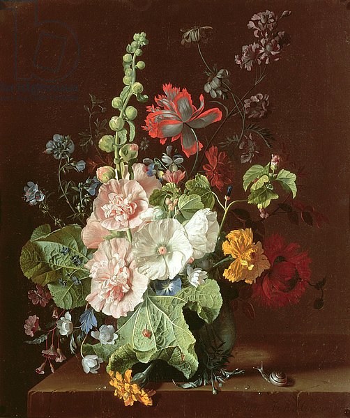 Hollyhocks and Other Flowers in a Vase, 1702-20