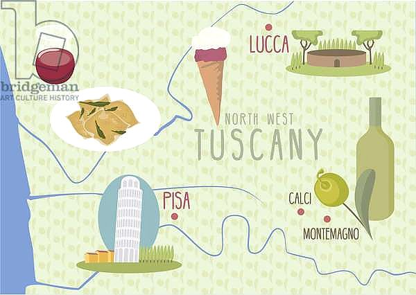 Map of Lucca and Pisa, Tuscany, Italy