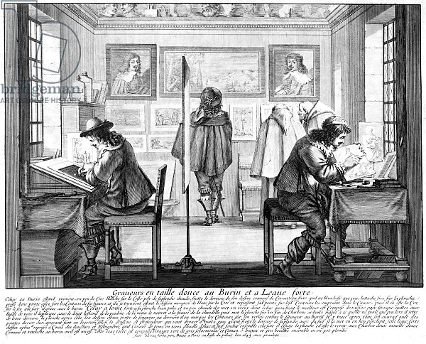 Plate engravers working with gallery behind, 1643