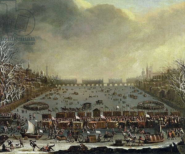 The Frost Fair of the winter of 1683-4 on the Thames, with Old London Bridge in the Distance. c.1685