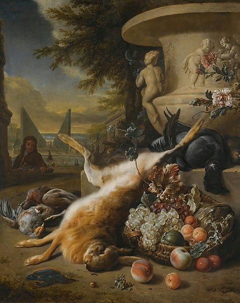 A Still Life Of Game Birds, Grouse, A Hare And A Kingfisher, With A Basket Of Fruit At The Foot Of A Stone Urn, An Ornamental Garden With A Fountain Beyond