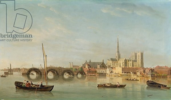 The Building of Westminster Bridge with an imaginary view of Westminster Abbey, c.1742
