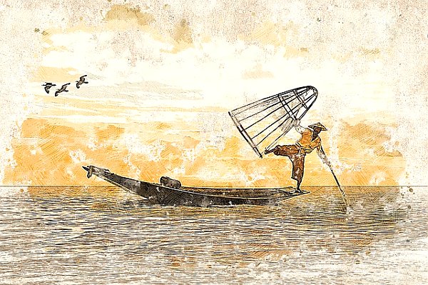 Рыбак с сетью в лодке