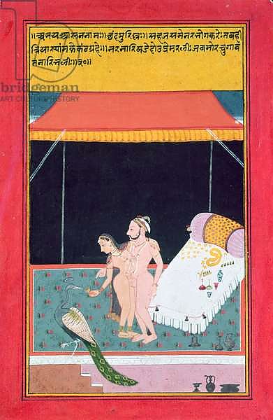 Lovers in an `easy' posture, under a garden tent, the girls feeds the male peacock who pecks with his beak in her gold cup - a metaphor for their love- making, Rajasthan, 18th century,
