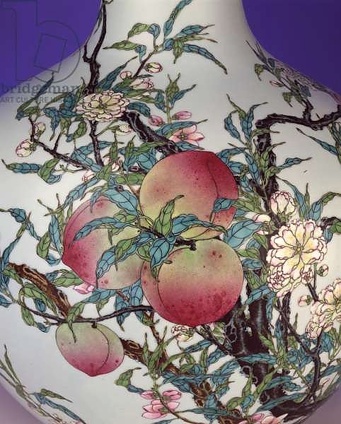 Detail from a magnificent famille rose nine-peach globular bottle vase, 1735-1795